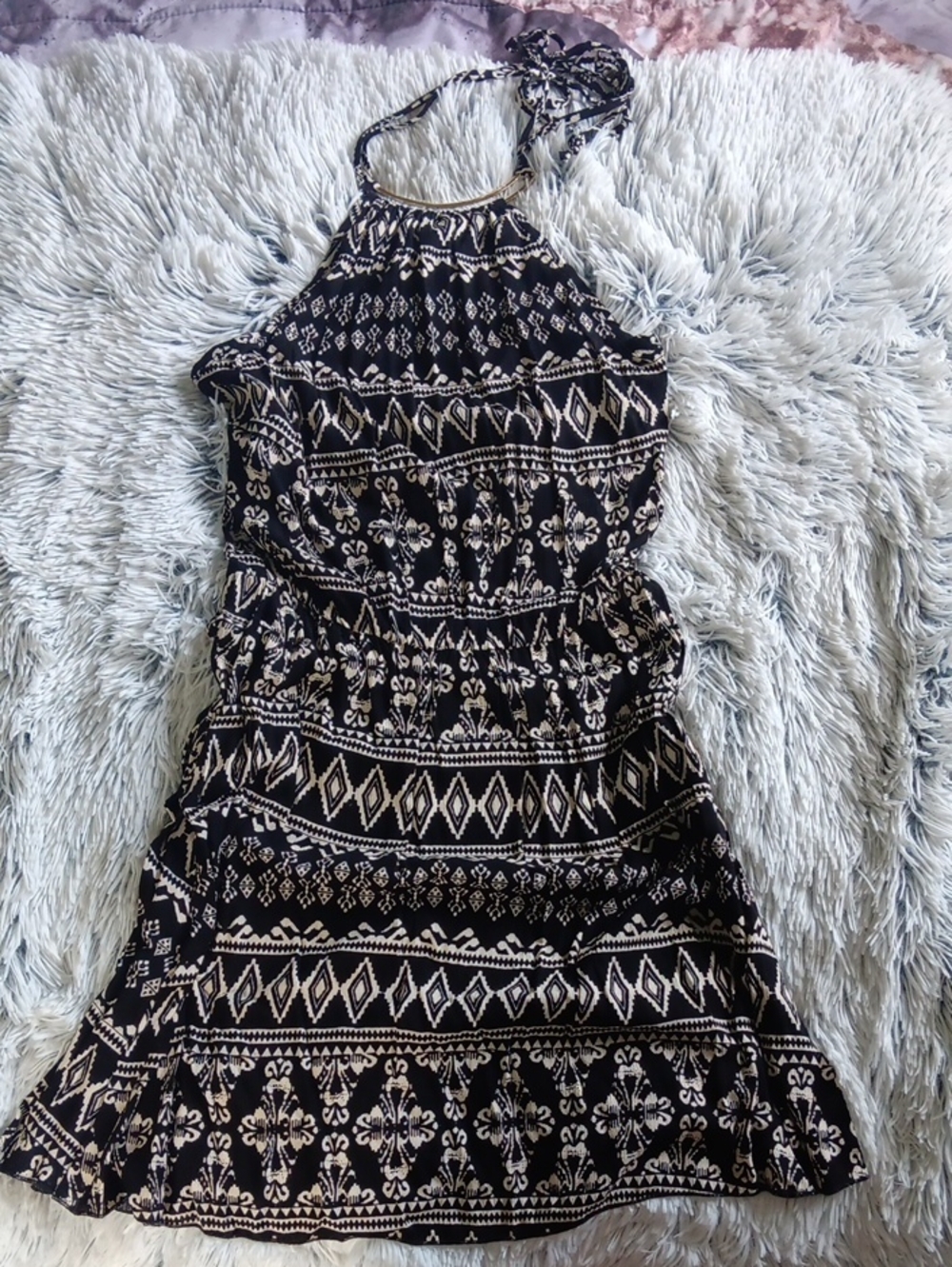 Black and Cream Patterned Halter Dress